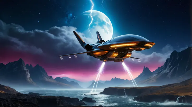 (RAW Professional Photography of a landscape, Long shot, of a flying sci-fi sportscar (with vertical take-off and landing VTOL engines instead of wheels likes "Back to Future" :1.8), it passing by at light speed drives through a futuristic cityscape with skyscrapers and neon lights is visible on the horizon, (speed effects:1.8), in the shape of a earth sportscar, (forest camouflage colour paint:1.8), the camera is positioned from the front (camera from front:1.8), capturing the neon flash and motion trail of the car. In the background, a futuristic cityscape with towering skyscrapers and neon lights is visible on the horizon, blending seamlessly with a starry sky filled with cosmic art and glowing stars (stars and a future city in the background:1.3), (comet:0.9), (flowers:0.1), (water lilies:0.1), (insects:0.1), (animals:0.1), (birds:0.1), (waterfall:0.1), (fish in water:0.1), (tundra:0.1), (desert:0.1), (rainforest:0.1), (mountains:0.1), (frontal fog:0.1), (waves:0.1), (ocean:0.1), (stars:0.1). The scene is enhanced by motion blur, epic visual effects, interstellar flow, and detailed scifi elements. The dark, vibrant colors of the car contrast with the expansive night sky, illuminated by star blasts and lens flares. The full moon night is stormy, with lightning adding dramatic lighting to the scene. The overall composition is ultra detailed with a shallow depth of field and a rich, detailed background, rendered in dark noir style with HDR, RAW quality, ray tracing reflections, sharp focus, ultra realism, 12k:2.0) <lora:add-detail-xl:1> <lora:small-planet-04:0.8> small floating planet, closeup of planets surface <lora:HD2_style:0.8> <lora:Chaos_Warfleet_-_Warhammer_40000_SDXL:0.8> chaoswarfleet