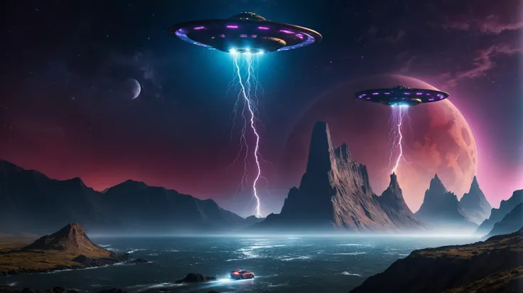 (RAW Professional Photography of a landscape, Long shot, of a flying sci-fi sportscar (with vertical take-off and landing VTOL engines instead of wheels likes "Back to Future" :1.8), it passing by at light speed drives through a futuristic cityscape with skyscrapers and neon lights is visible on the horizon, (speed effects:1.8), in the shape of a earth sportscar, (forest camouflage colour paint:1.8), the camera is positioned from the front (camera from front:1.8), capturing the neon flash and motion trail of the car. In the background, a futuristic cityscape with towering skyscrapers and neon lights is visible on the horizon, blending seamlessly with a starry sky filled with cosmic art and glowing stars (stars and a future city in the background:1.3), (comet:0.9), (flowers:0.1), (water lilies:0.1), (insects:0.1), (animals:0.1), (birds:0.1), (waterfall:0.1), (fish in water:0.1), (tundra:0.1), (desert:0.1), (rainforest:0.1), (mountains:0.1), (frontal fog:0.1), (waves:0.1), (ocean:0.1), (stars:0.1). The scene is enhanced by motion blur, epic visual effects, interstellar flow, and detailed scifi elements. The dark, vibrant colors of the car contrast with the expansive night sky, illuminated by star blasts and lens flares. The full moon night is stormy, with lightning adding dramatic lighting to the scene. The overall composition is ultra detailed with a shallow depth of field and a rich, detailed background, rendered in dark noir style with HDR, RAW quality, ray tracing reflections, sharp focus, ultra realism, 12k:2.0) <lora:add-detail-xl:1> <lora:small-planet-04:0.8> small floating planet, closeup of planets surface <lora:HD2_style:0.8> <lora:Chaos_Warfleet_-_Warhammer_40000_SDXL:0.8> chaoswarfleet