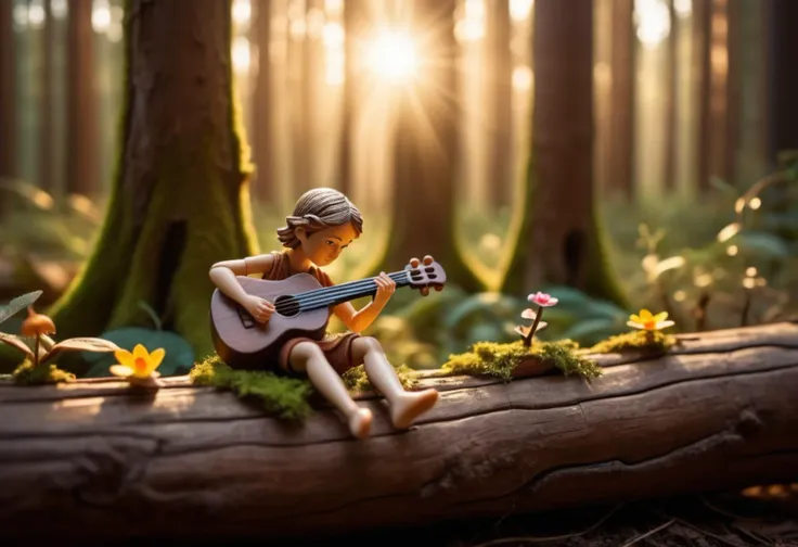 masterpiece, aesthetic, intricate details, highly detailed, shallow depth of field, dynamic, smooth lighting, sunrise, a tiny human playing instrument in the enchanting forest, mystical forest, tiny human, dancing flower, instrument made up of pure wood, weird shape tree, gulliver style, <lora:add-detail-xl:0.5>