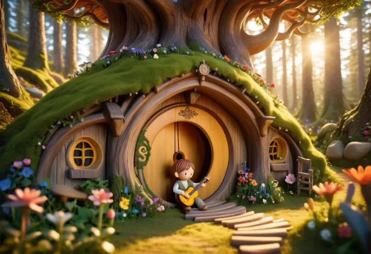 masterpiece, aesthetic, intricate details, highly detailed, shallow depth of field, sunrise, a tiny human playing a music in the enchanting forest, mystical forest, dancing flower, weird shape tree, hobbit hole inside a tree, gulliver style, <lora:add-detail-xl:0.5> <lora:Hobbit_Hole_SDXL:0.75>