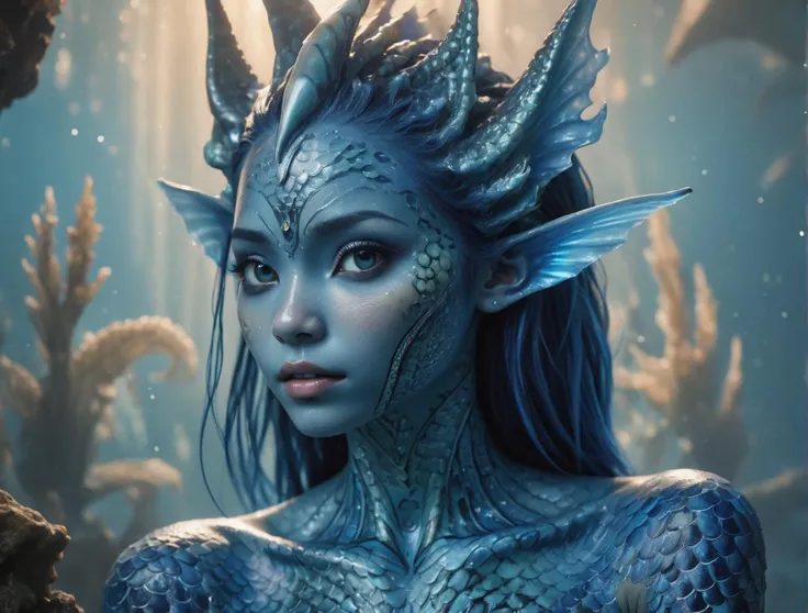 RAW, ((((masterpiece)), photographic)), professionally detailed, ultra-high detail, sharp, insanely detailed,
blue humanoid avatar, pointed fishy mermaid like ears, with avatar markings and bioluminescence dots and patterns
, rich details, clear shadows and highlights, realistic, intense, enhanced contrast, highly detailed