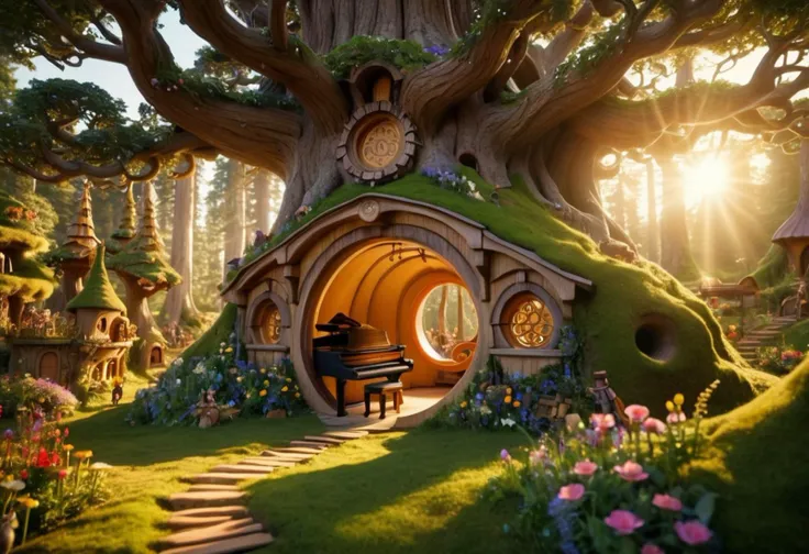 masterpiece, aesthetic, intricate details, highly detailed, shallow depth of field, sunrise, a hobbit house of instrument in the enchanting forest, mystical forest, dancing flower, an organ made up of pure wood, weird shape tree, hobbit hole inside a tree, gulliver style, <lora:add-detail-xl:0.5> <lora:Hobbit_Hole_SDXL:0.75>