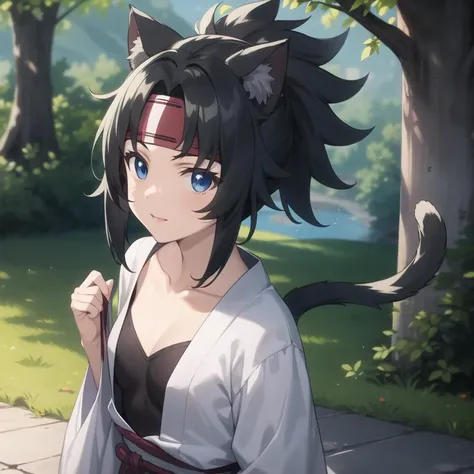 gaikotsu-chiyome, japanese clothes, black hair, short hair, sidelocks, ponytail, [headband], blue eyes, cat ears, (medium breasts), collarbone, full body, solo, 1girl, outdoors <lora:gaikotsu-chiyome-000002:0.4>