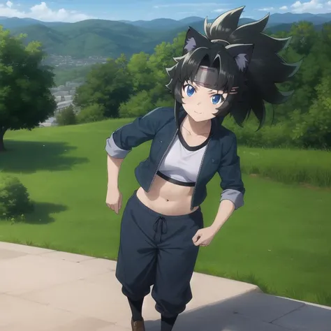 gaikotsu-chiyome, crop top pants jacket, black hair, short hair, sidelocks, ponytail, [headband], blue eyes, cat ears, (medium breasts), collarbone, full body, solo, 1girl, outdoors <lora:gaikotsu-chiyome-000002:0.9>