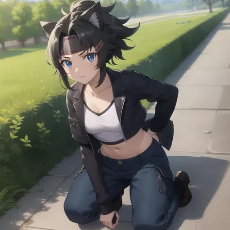 gaikotsu-chiyome, crop top pants jacket, black hair, short hair, sidelocks, ponytail, [headband], blue eyes, cat ears, (medium breasts), collarbone, full body, solo, 1girl, outdoors <lora:gaikotsu-chiyome-000002:0.6>