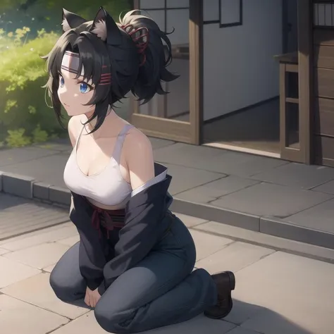 gaikotsu-chiyome, japanese clothes, black hair, short hair, sidelocks, ponytail, [headband], blue eyes, cat ears, (medium breasts), collarbone, full body, solo, 1girl, outdoors <lora:gaikotsu-chiyome-000002:0.5>