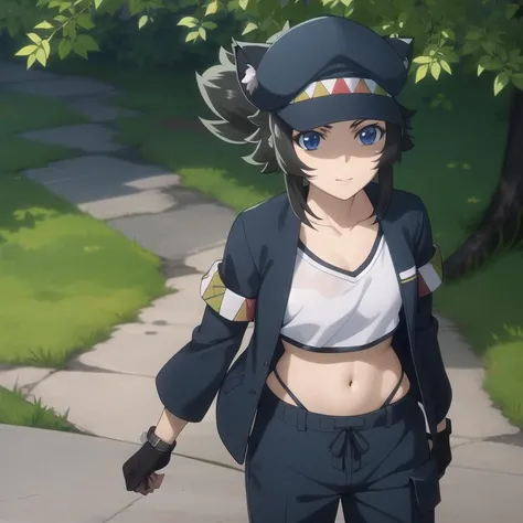 gaikotsu-chiyome, crop top jacket pants hat, black hair, short hair, sidelocks, ponytail, [headband], blue eyes, cat ears, (), collarbone, full body, solo, 1girl, outdoors <lora:gaikotsu-chiyome-000002:0.8>