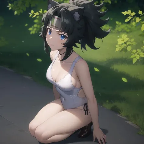 gaikotsu-chiyome, white swimsuit, black hair, short hair, sidelocks, ponytail, [headband], blue eyes, cat ears, (medium breasts), collarbone, full body, solo, 1girl, outdoors <lora:gaikotsu-chiyome-000002:0.7>