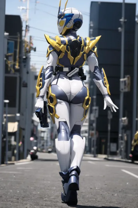 (masterpiece,best quality,4k,8k)kamen rider valkyrie RC, (1girl, solo, mature female, large breasts,wide hips,thighs), day,looking at viewer, antennae, walking away,dynamic pose,from behind,looking back,full body,shiny costume, ass,(skin tight bodysuit), glowing yellow eyes, armor, science fiction, tokusatsu, female focus, kamen rider,white gloves, <lora:kamen_rider_valkyrie_LH-09:0.7> <lyco:GoodHands-beta2:1.0> (holding gun)