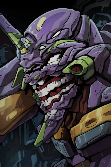 (eva 01),evagod,evangelion mecha,science fiction,looking at viewer,(official art, Best quality, masterpiece:1.2),illustration,high res,beautiful abstract background,Futurism,cyberpunk,intense angle,<lora:EVAIII:0.8>,
<lora:cringe_face:0.8>,cringe_face,wrinkled,(laughing:1.2),