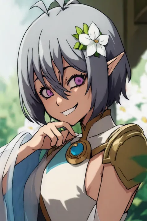 masterpiece, best quality, 1girl,solo,upper body,kokkoro (princess connect!),petite,pointy ears,hair ornament,elf,hair flower,flower,short hair,grey hair,hair between eyes,antenna hair,,detached sleeves,see-through,purple eyes,see-through sleeves,pink eyes,white flower,<lora:Kokkoro(pri):0.9>,
<lora:cringe_face:1>, cringe_face, ,wrinkled, (evil smile:1.5),
