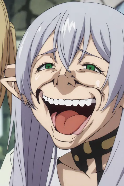 <lora:Sousou_no_Frieren_style-V1:0.7>, wz_sousou_no_frieren_style, twintails, very long hair, silver hair, pointy ears, elf, white capelet, green eyes,
<lora:cringe_face:1>, cringe_face, wrinkled, (laughing:1.8),