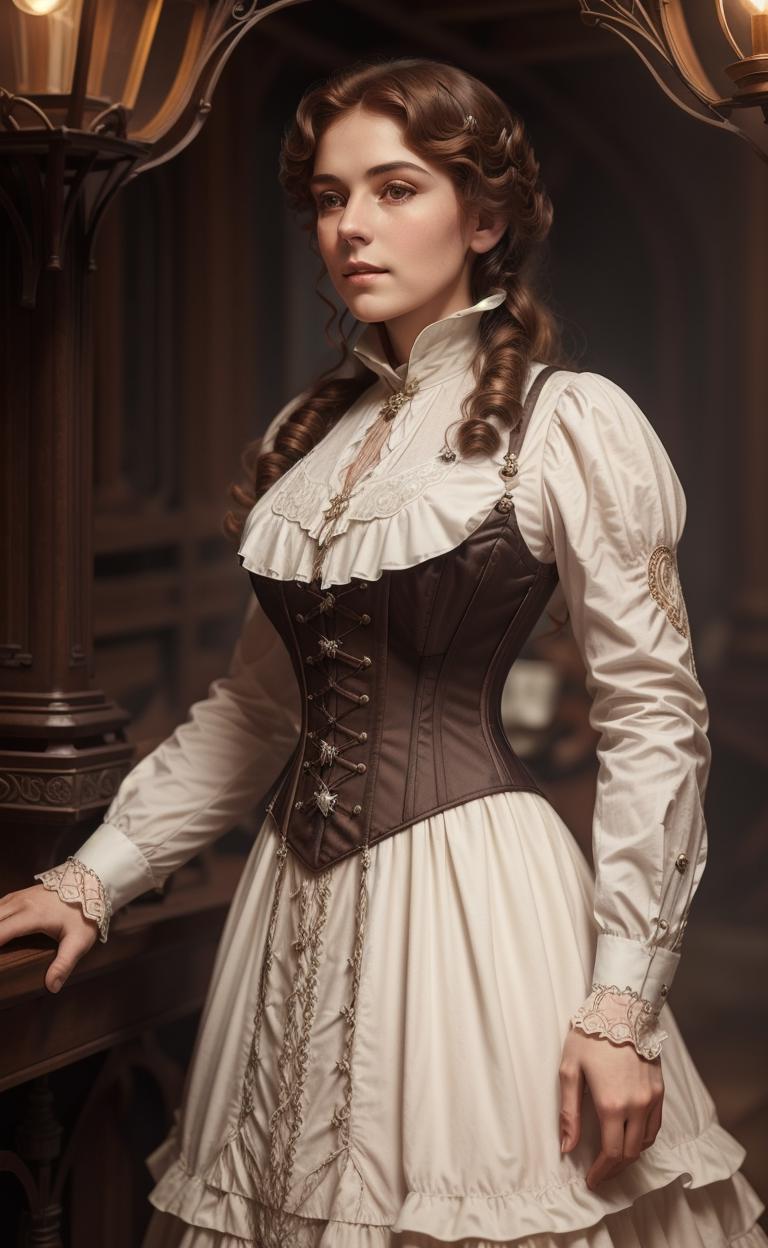 A woman in a white dress and a brown corset - SeaArt AI A woman in a white dress and a brown corset - SeaArt AI