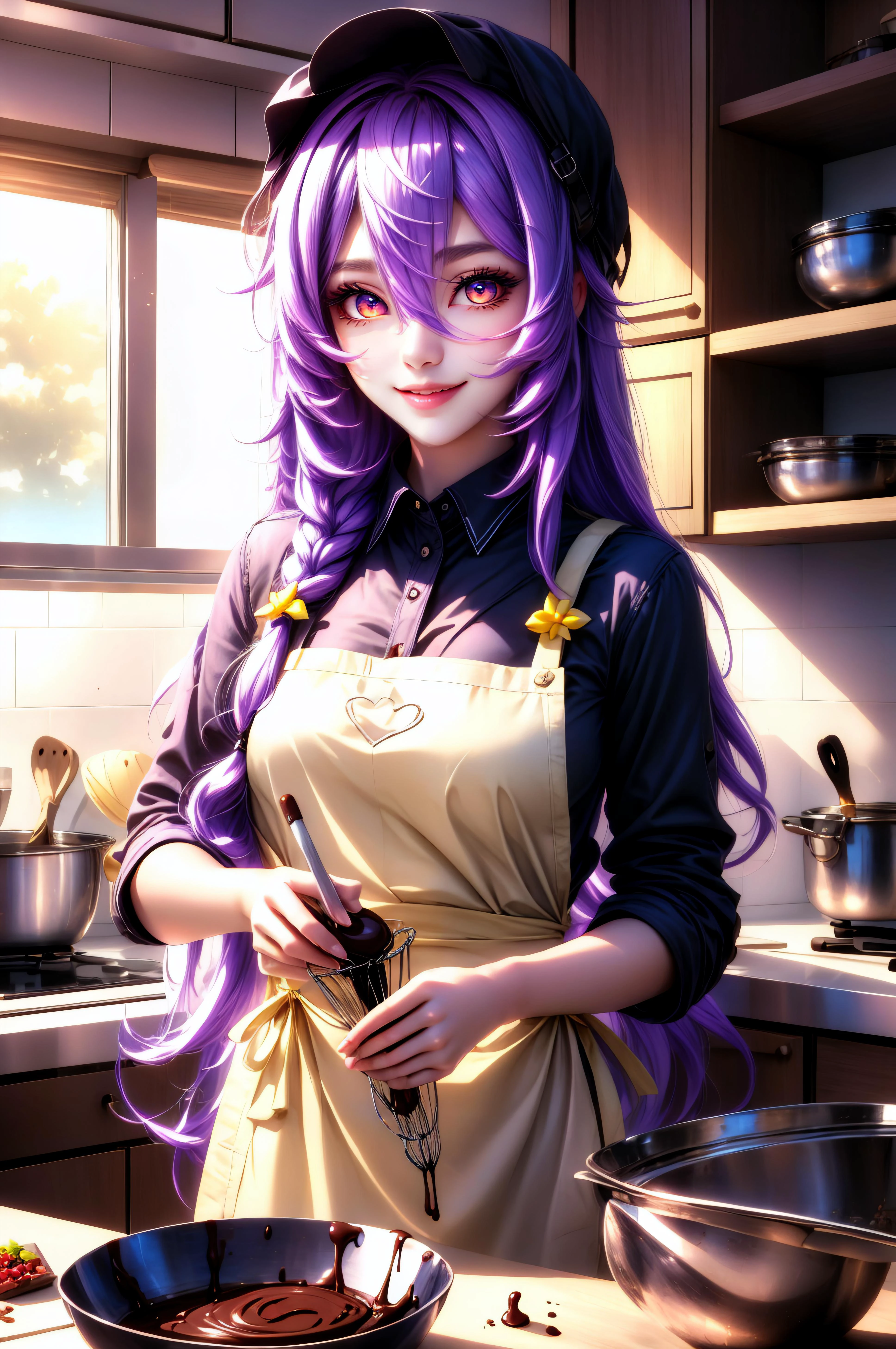(masterpiece, best quality), <lora:black swan-lora-Faxtron:0.8> black swan, yellow eyes, purple hair, long hair, bangs, hair between eyes, large breasts, <lora:ChocolateMaking:0.8> IncrsChocoMaker, whisk, apron, food on face, kitchen, chocolate on body, light smile,
<lora:add_detail:0.8>,