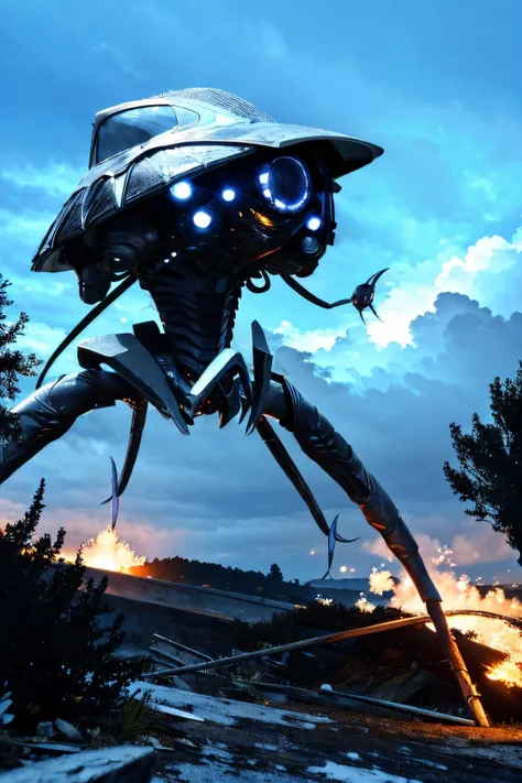 (view from front), explosions in the background, night sky, (Realisitc:1.5), giant alien EdobTWOTWTripod creature with claws, <lora:EdobTheWarOfTheWorldsTripod_v1.0:1>