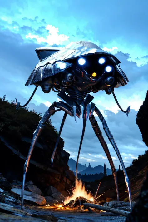 (view from bottom), explosions in the background, night sky, (Realisitc:1.5), giant alien EdobTWOTWTripod creature with claws, <lora:EdobTheWarOfTheWorldsTripod_v1.0:1>