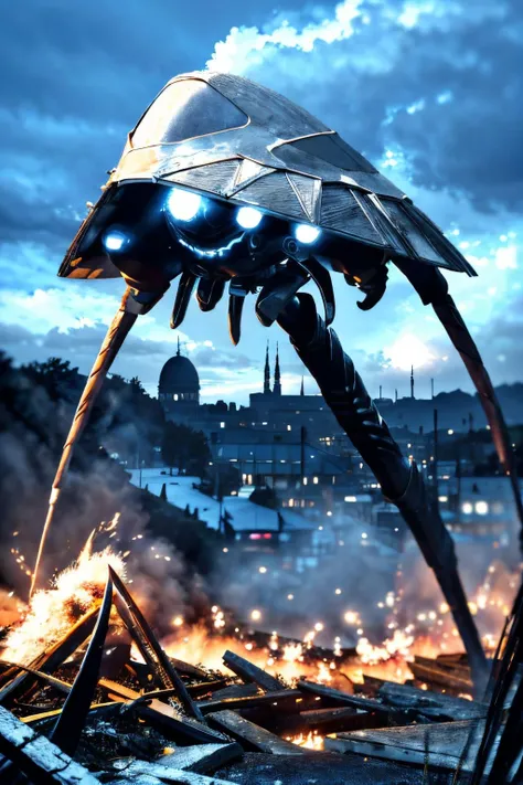 (view from bottom), explosions in the background, night sky, (Realisitc:1.5), giant alien EdobTWOTWTripod creature with claws in the city, <lora:EdobTheWarOfTheWorldsTripod_v1.0:1>