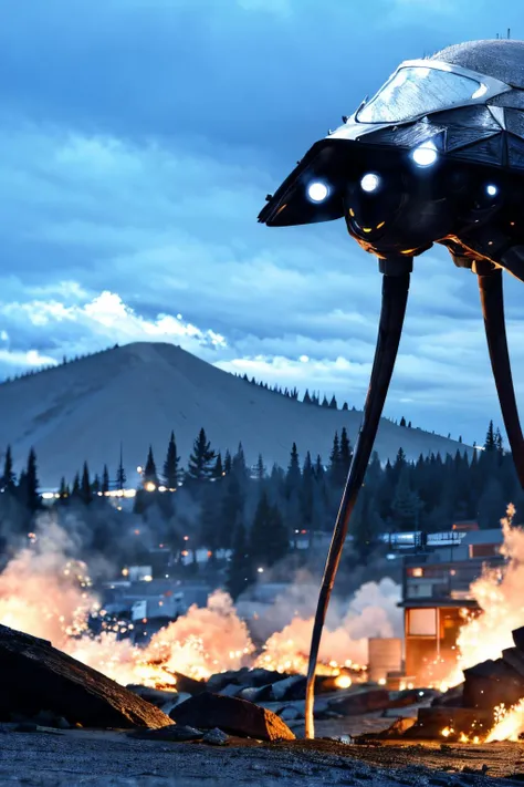 (view from right side), explosions in the background, night sky, (Realisitc:1.5), giant alien EdobTWOTWTripod creature with claws, <lora:EdobTheWarOfTheWorldsTripod_v1.0:1>