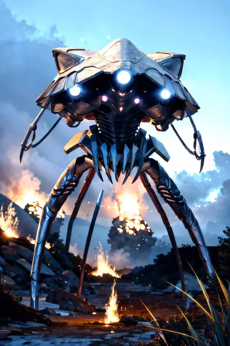 (view from bottom), explosions in the background, night sky, (Realisitc:1.5), giant alien EdobTWOTWTripod creature with claws, <lora:EdobTheWarOfTheWorldsTripod_v1.0:1>