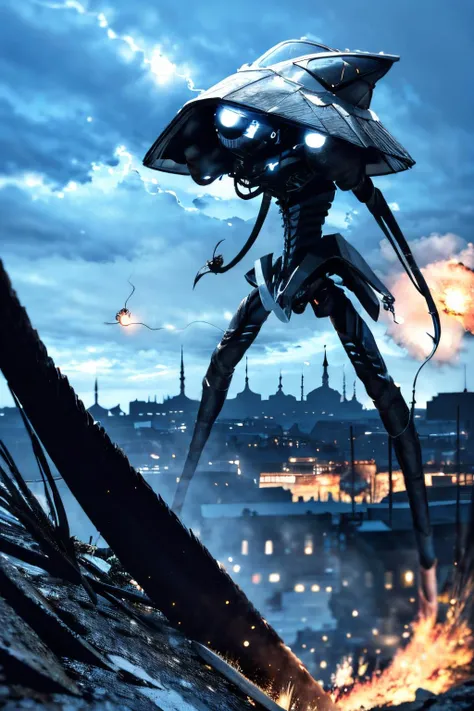 (view from front), explosions in the background, night sky, (Realisitc:1.5), giant alien EdobTWOTWTripod creature with claws in the city, <lora:EdobTheWarOfTheWorldsTripod_v1.0:1>