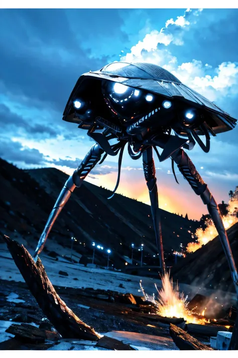 (view from front), explosions in the background, night sky, (Realisitc:1.5), giant alien EdobTWOTWTripod creature with claws, <lora:EdobTheWarOfTheWorldsTripod_v1.0:1>