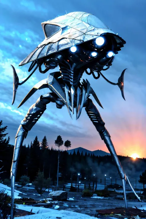 (view from front), explosions in the background, night sky, (Realisitc:1.5), giant alien EdobTWOTWTripod creature with claws, <lora:EdobTheWarOfTheWorldsTripod_v1.0:1>