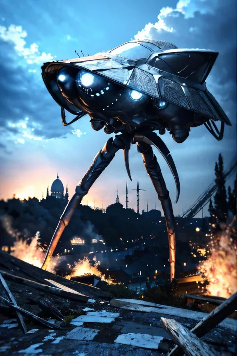 (view from back), explosions in the background, night sky, (Realisitc:1.5), giant alien EdobTWOTWTripod creature with claws in the city, <lora:EdobTheWarOfTheWorldsTripod_v1.0:1>