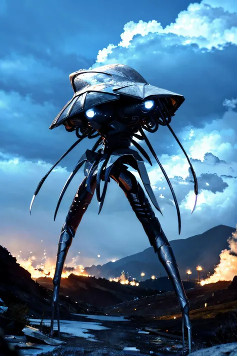 (view from back), explosions in the background, night sky, (Realisitc:1.5), giant alien EdobTWOTWTripod creature with claws, <lora:EdobTheWarOfTheWorldsTripod_v1.0:1>