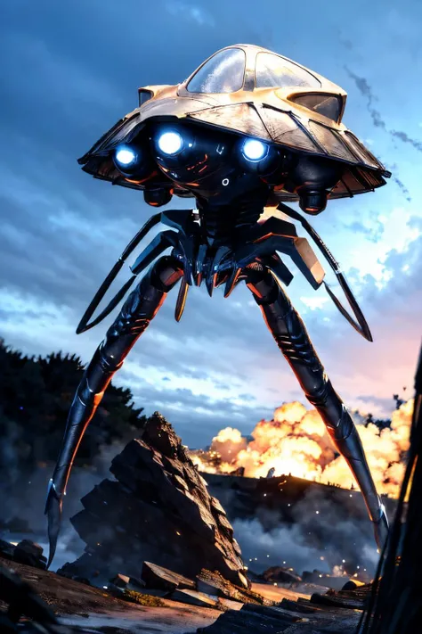 (view from back), explosions in the background, night sky, (Realisitc:1.5), giant alien EdobTWOTWTripod creature with claws, <lora:EdobTheWarOfTheWorldsTripod_v1.0:1>