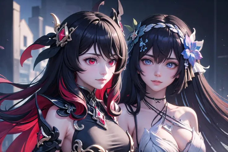 (highly detailed:1.3), Ultra-detail, (highres:1.1), best quality, (masterpiece:1.3), cinematic lighting, 2girls, BREAK
(upper body:1.1), <lora:sc_nyx-10:1>, sc_nyx, large breasts, red eyes, (light smile:1.1), BREAK
(upper body:1.1),<lora:seele_horb-10:1>,horb, dress, blue eyes, (light smile:1.2),