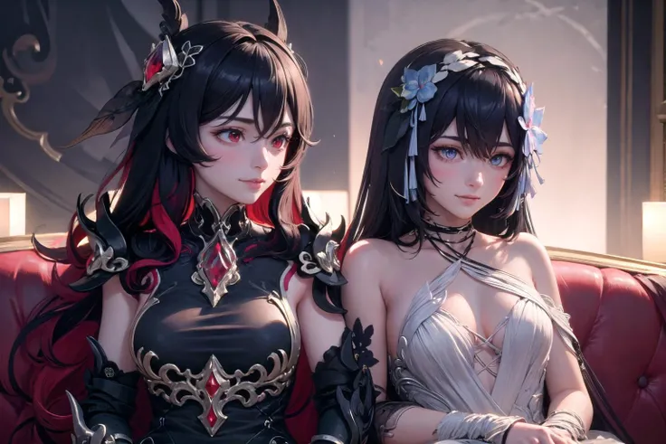 (highly detailed:1.3), Ultra-detail, (highres:1.1), best quality, (masterpiece:1.3), cinematic lighting, 2girls, sitting on a couch BREAK
(upper body:1.1), <lora:sc_nyx-10:1>, sc_nyx, large breasts, red eyes, (light smile:1.1), BREAK
(upper body:1.1),<lora:seele_horb-10:1>,horb, blue eyes, (light smile:1.2),