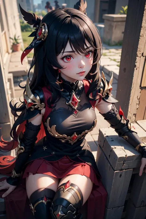 1girl,sitting,<lora:sc_nyx:0.9>,sc_nyx,red eyes,small breasts,outdoors,Ultra-detail,(highres:1.1),best quality,(masterpiece:1.3),cinematic lighting,(highly detailed face and eyes:1.3),