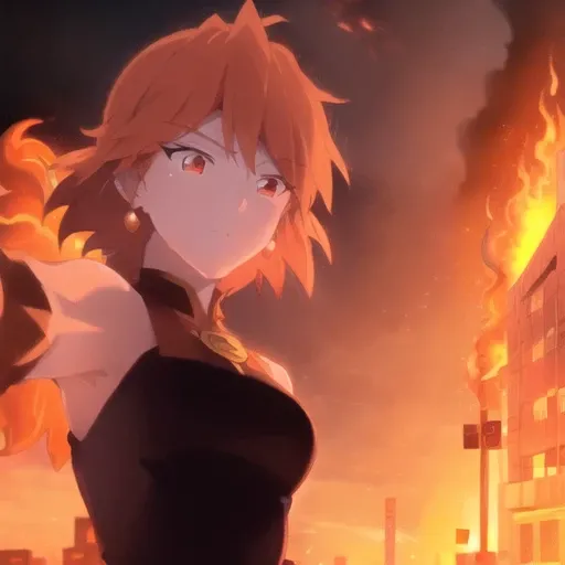 woman,<lora:lina:1>, lina, short hair, flying over city, fire, red glow