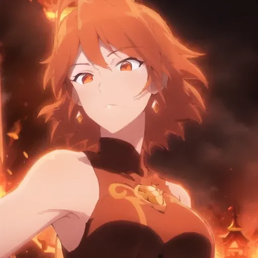 woman,<lora:lina:1>, lina, short hair, flying over city, fire, red glow
