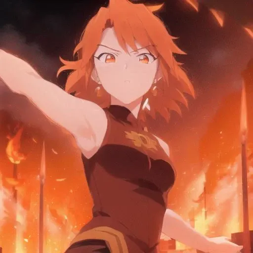 woman,<lora:lina:1>, lina, short hair, flying over city, fire, red glow