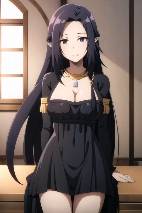 1girl, masterpiece, (black dress:1.2), jewelry, best quality, breasts, cleavage, long_hair, pointy_ears, very_long_hair, looking at viewer, smile, frills,