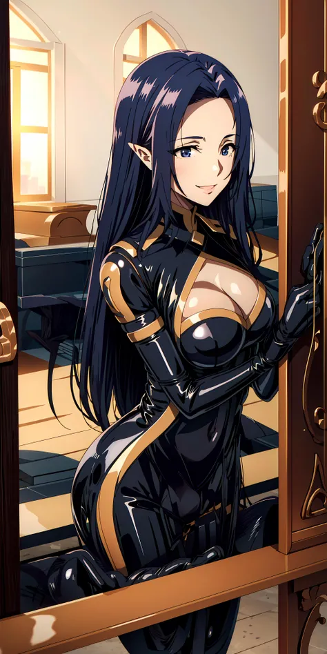 1girl, (latex bodysuit:1.5), bodysuit,  breasts, cleavage, cleavage_cutout,  large_breasts, long_hair, looking_at_viewer, pointy_ears, smile, solo, standing, very_long_hair, upper body,