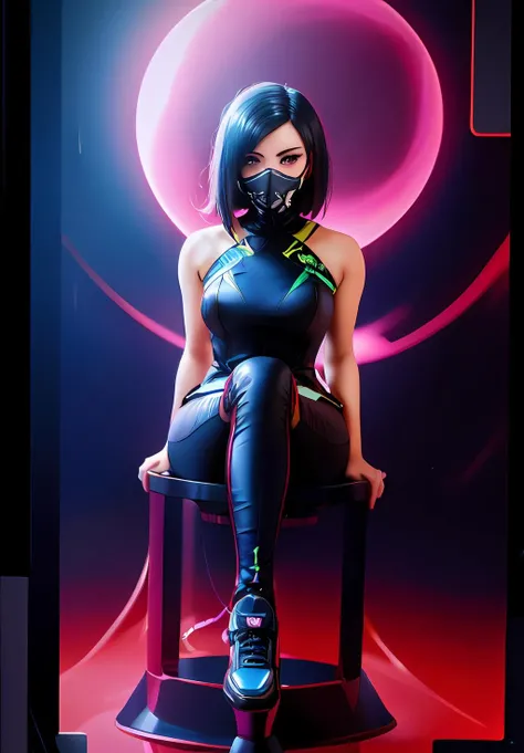 (instant photo:1.3), soft focus, <lora:viper:0.8>, viper, 1girl, solo, smirk, sitting, legs, black hair, mask, (acclaimed, alluring, captivating, exciting, gorgeous, striking:1.3), (ultra-high res, high details, absurdres:1.3)