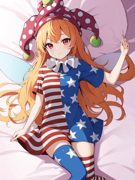 (masterpiece, best quality:1.2), <lyco:touhou_clownpiece-10:1.0>, cowboy shot, solo, 1girl, clownpiece, smile, looking at viewer, jester cap, polka dot, american flag dress, neck ruff, short sleeves, american flag legwear, pantyhose, fairy wings, star \(symbol\)
