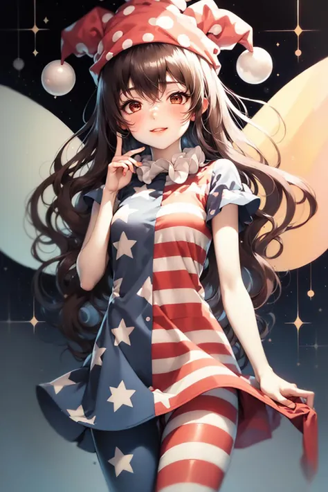 (masterpiece, best quality:1.2), <lyco:touhou_clownpiece-10:1.0>, cowboy shot, solo, 1girl, clownpiece, smile, looking at viewer, hand on own face, jester cap, polka dot, american flag dress, neck ruff, short sleeves, american flag legwear, pantyhose, fairy wings, star \(symbol\)