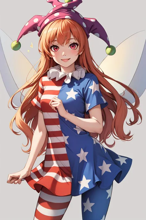 (masterpiece, best quality:1.2), <lyco:touhou_clownpiece-10:1.0>, cowboy shot, solo, 1girl, clownpiece, smile, looking at viewer, jester cap, polka dot, american flag dress, neck ruff, short sleeves, american flag legwear, pantyhose, fairy wings, star \(symbol\)