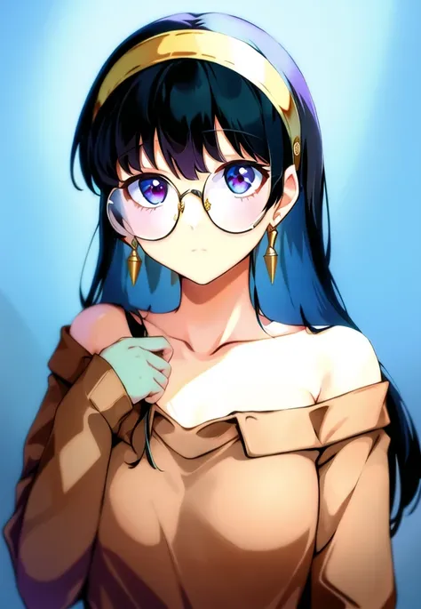 best quality, highres, solo_focus, yor briar, <lora:roundglasses:.6>, round glasses, <lora:yorBriarSpyFamily_lykonV1:.7>,bangs, black hair, collarbone, earrings, hairband, jewelry, long hair, long sleeves, off-shoulder shirt, off shoulder,