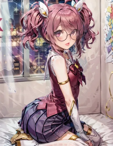 (masterpiece, bestquality:1.3), girl,perfect anatomy, star guardian lux, lux \(league of legends\), league of legends, 1girl, flat chest, pink eyes, high heels, looking at viewer, pink hair, short hair, short twintails, blush, open mouth, high heels, breasts, thighhighs, solo , <lora:starGuardianLux_V1:.6>, hair ornament, bridal gauntlets, sailor collar, indoor, crystal, universe, night, starry sky, galaxies, ribbon, serafuku, pleated skirt, <lora:roundglasses:.6>, round glasses