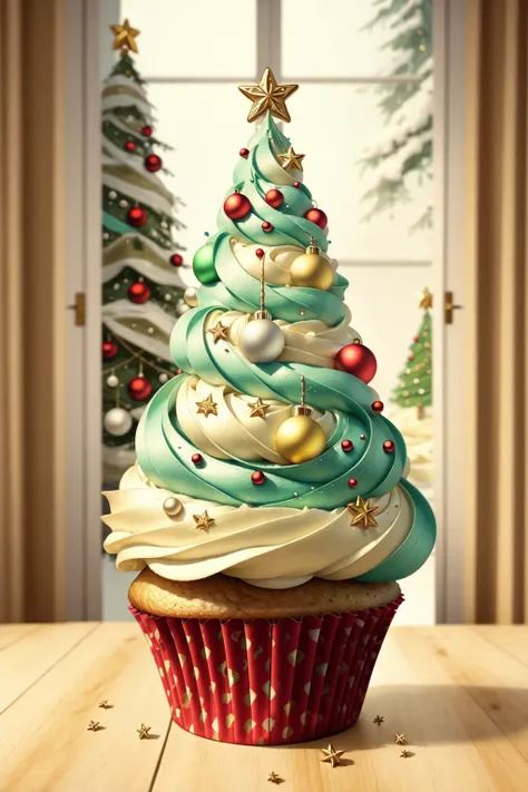 <lora:ChristmasFood:0.8> Christmas tree cupcakes