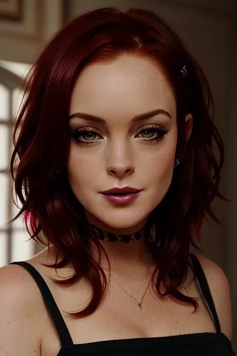 <lora:lindsaylohan-v1:0.5>, lindsaylohan, (perfect hair), ((dark red hair)),(petite), , photo of a woman, (smug, horny), ((dark red hair):1.1), ((short hair, pixie cut)), masterpiece, best quality, 1girl, solo,((pale skin)), ((dark lipstick, heavy eyeliner, heavy eye shadow, blush, goth