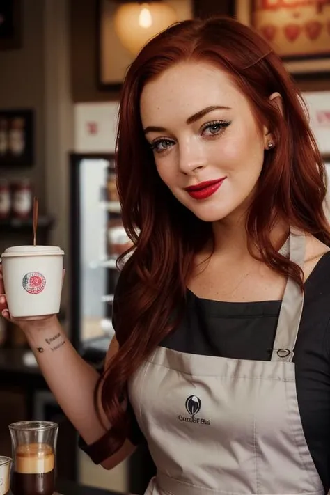 , photo of a woman, , ((barista uniform, barista outfit, apron, coffee shop, coffee cup)),smiling, (red lipstick, blush), ((best quality, masterpiece, extreme details, high resolution):1.2),((detailed eyes, beautiful eyes, detailed face, beautiful face):1.2) <lora:lindsaylohan-05:0.5>,lindsaylohan, ((dark red hair)),