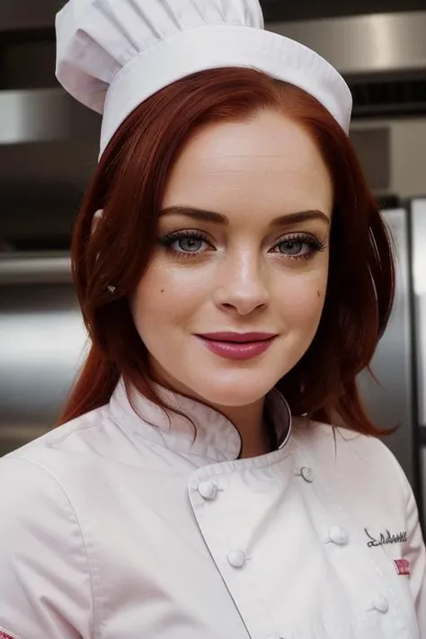, photo of a woman, , ((chef hat, chef jacket, commercial kitchen)), smiling, (lipstick, blush, eye shadow), ((best quality, masterpiece, extreme details, high resolution):1.2),((detailed eyes, beautiful eyes, detailed face, beautiful face):1.2) <lora:lindsaylohan-05:0.5>,lindsaylohan, ((dark red hair)),