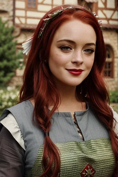 , photo of a woman, , ((outdoors, medieval city, medieval dress, apron, headdress)),smiling, (red lipstick, blush), ((best quality, masterpiece, extreme details, high resolution):1.2),((detailed eyes, beautiful eyes, detailed face, beautiful face):1.2) <lora:lindsaylohan-05:0.5>,lindsaylohan, ((dark red hair)),