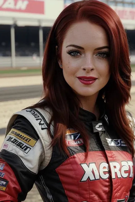 ,photo of a woman, ((nascar uniform, nascar jumpsuit, racetrack, race car, outdoors)),smiling, (red lipstick, blush), ((best quality, masterpiece, extreme details, high resolution):1.2),((detailed eyes, beautiful eyes, detailed face, beautiful face):1.2) <lora:lindsaylohan-05:0.5>,lindsaylohan, ((dark red hair)),