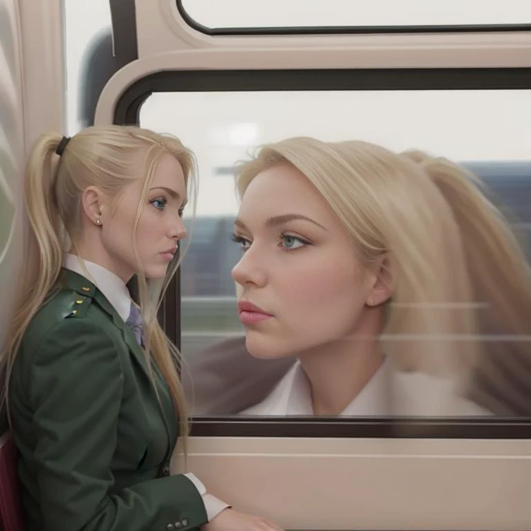 beautiful young woman, executive, blonde hair, ponytail, green eyes, wearing a business suit 18, staring out a window on a subway train in a highly detailed, the girl looks tired <lora:Momo:0.3>